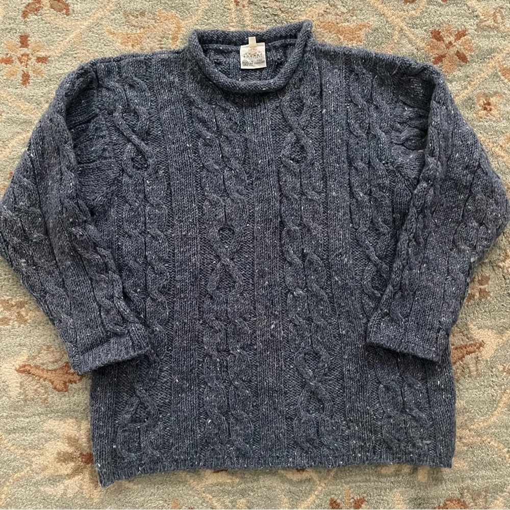 Bonner Of Ireland Wool Fisherman Knit Heather Blue Sweater Size Medium Aran VTG
